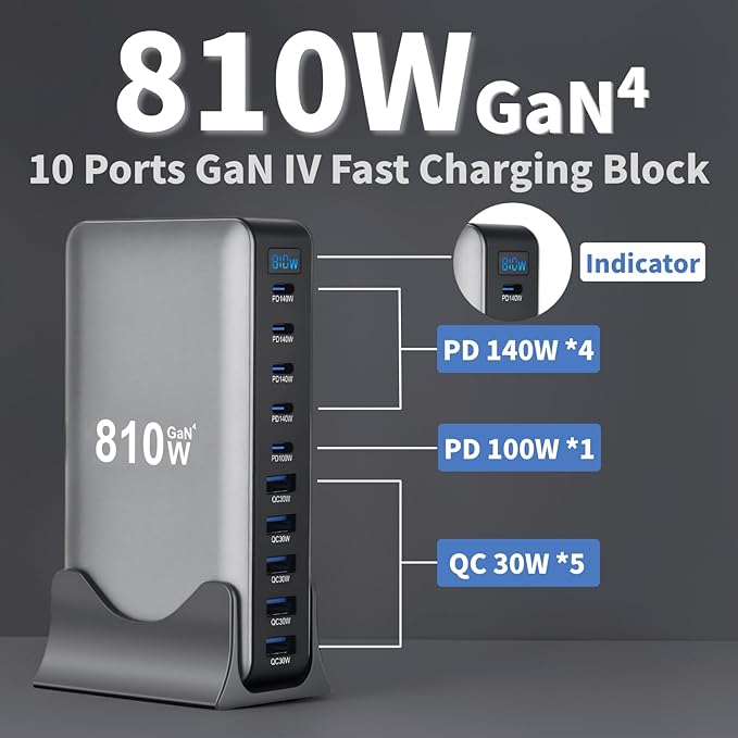 810W USB C Fast Charger Block 10 Ports GaN IV Pro USB Chagring Station 140W PD QC HUB for Multiple Devices Laptop Adapter Compatible with MacBook Pro/Air iPad iPhone Pro Max Galaxy Dell HP
