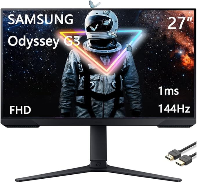 Samsung 27 Odyssey G3 Series FHD Gaming Monitor 165Hz 1ms Eye Saver Mode FreeSync Premium VESA Mount Capability Height Adjustable Screen Black with HDMI Cable