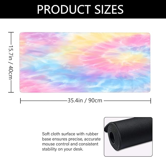 Large Tie Dye Beautiful Rainbow Mouse Mat Computer Mousepad with Non-Slip Rubber Base Waterproof Mouse Pad Desktop Keyboard Pad for GamerHome School Laptop Office Accessories16x35.5in