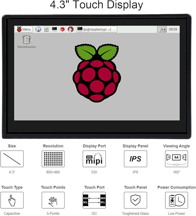 4.3inch DSI LCD Display with Case for Raspberry Pi 4B 800x480 Capacitive Touchscreen MIPI DSI Interface IPS Wide Angle Supports Raspbian/Ubuntu/Kali / WIN10 IoT/Retropie Driver Free
