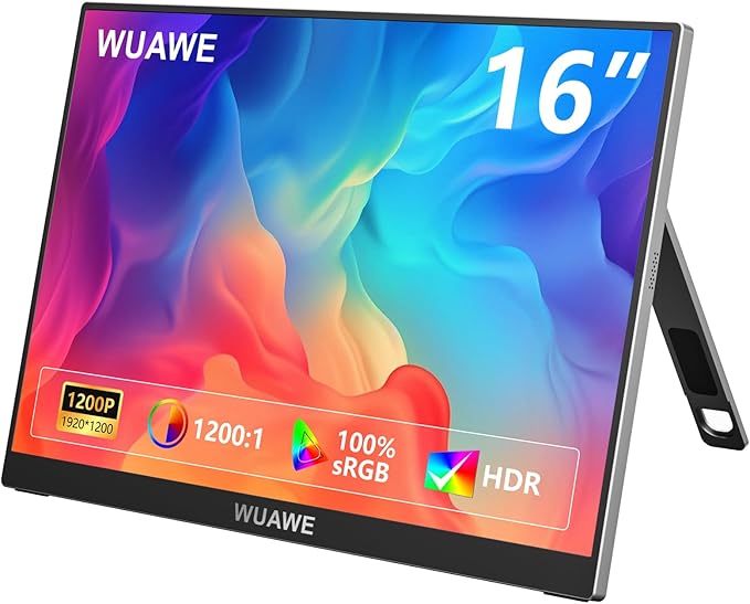 WUAWE 16 Portable Monitor for Laptop 1920x1200P Plug&ampPlay USB-C HDMI IPS HDR Freesync Gaming Monitor External Monitor for PC Mac Phone PS5 Switch(Silver)