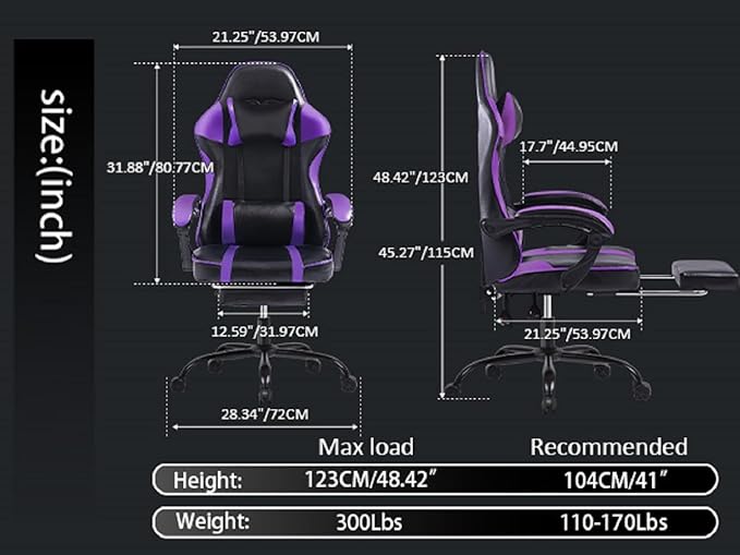 Gaming Chair for Adults with Footrest &amp Lumbar Support - High Weight Capacity PU Leather Computer Chair 360° Swivel Purple