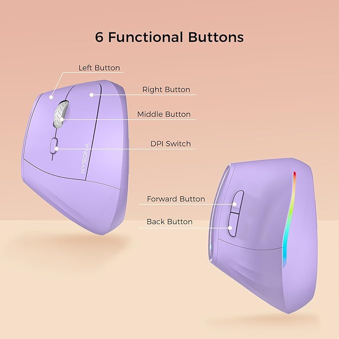 KYSONA 57° Wireless Ergonomic Mouse Vertical Mouse Carpal Tunnel Mouse RGB Light Rechargeable Bluetooth &amp 2.4G 5-level DPI Adjustment Quiet Click Ergo Mice Compatible with PC/Laptop/Mac Pu