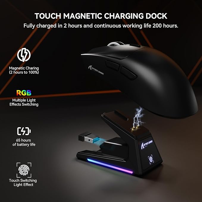 ATTACK SHARK X1 Superlight Wireless Gaming Mouse with RGB Magnetic Charging Dock BT/2.4G Wireless/Wired Gaming Mouse PAW3395PRO Gaming Sensor 40000DPI 53g Office Mice for PC/Mac/Win/Xbox (Black)
