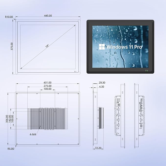19 inch Industrie Panel PCIndustrial Embedded Panel PCIndustrial Fanless PCAll in One Touch Screen Windows 10 ProJ6412 8GB RAM 256GB ROM4xUSB3.02xUSB2.04xRS232+2xRS4858*GPIOHDMI2xLAN