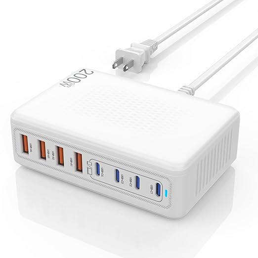 USB C Charger Block200W Type C Charger Fast Charging8 Port USB C &amp A Charging Station GaN III Desktop Hub Block Laptop Adapter for Apple iPhone Air/17/16/15iPad Pro/Air/MiniMacBook Pro/AirSam