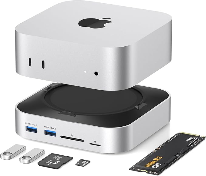 Mac mini Dock with NVMe SSD Enclosure USB-C Hub for Mac mini M4/M4 Pro with 2X USB-A 10Gbps 3X USB-A 5Gbps HDMI DP SD/TF Card Reader – Magnetic Cover Up to 8TB SSD Support