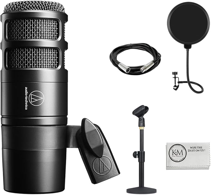 Audio-Technica AT2040 Hypercardioid Dynamic Podcast Microphone Bundle with Pop Filter + XLR Cable + Microphone Desktop Stand + Microfiber Cleaning Cloth (5 Items)