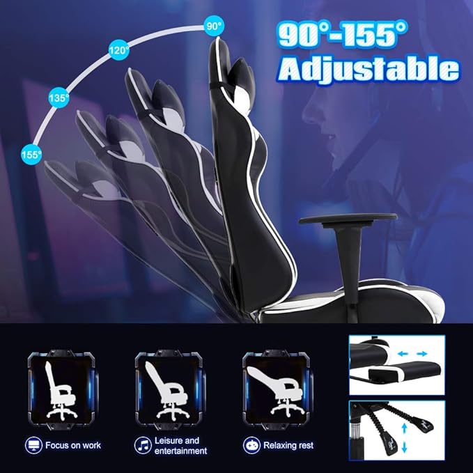 PC Gaming Chair High Back Executive Office Chair Pu Leather Computer Chair Racing Lumbar Support Slide-Out Footrest Adjustable Swivel Video Game ChairWhite…