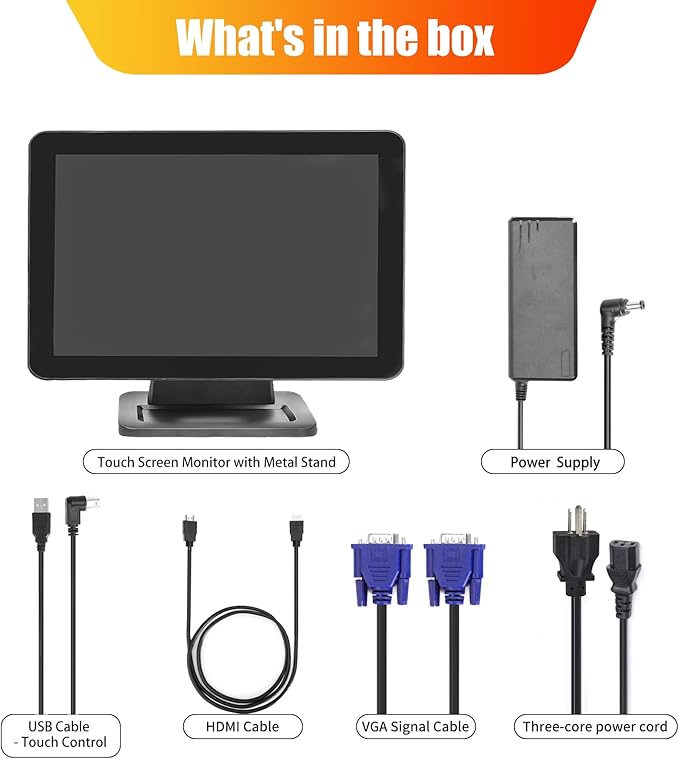 ANGEL POS 15.6 Inch 1920 x 1080 FHD IPS Touchscreen POS Monitor with Metal Stand 10 Points Touch HDMI VGA Waterproof Dustproof Screen 1080P Indusitrial Office Retail Gym Warehouse (Black)