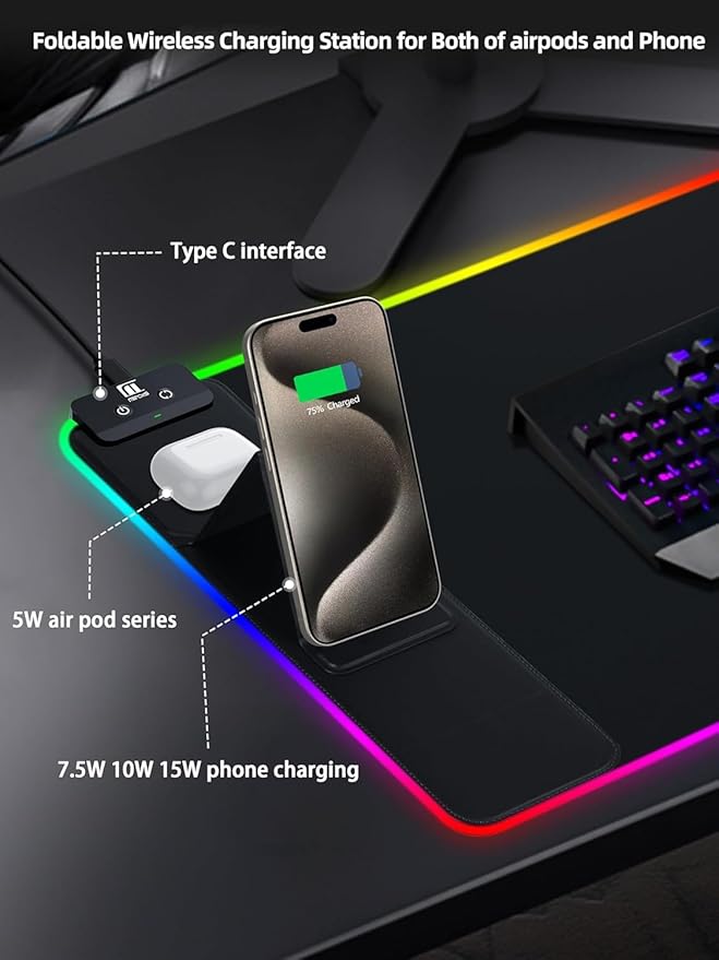 XXL Mouse Pad with Phone Holder - Black RGB Desk Mat with 15W Fast Charging LED Gaming Mousepad with 11 Light Colors Waterproof Non-Slip Pad for Office &amp Home