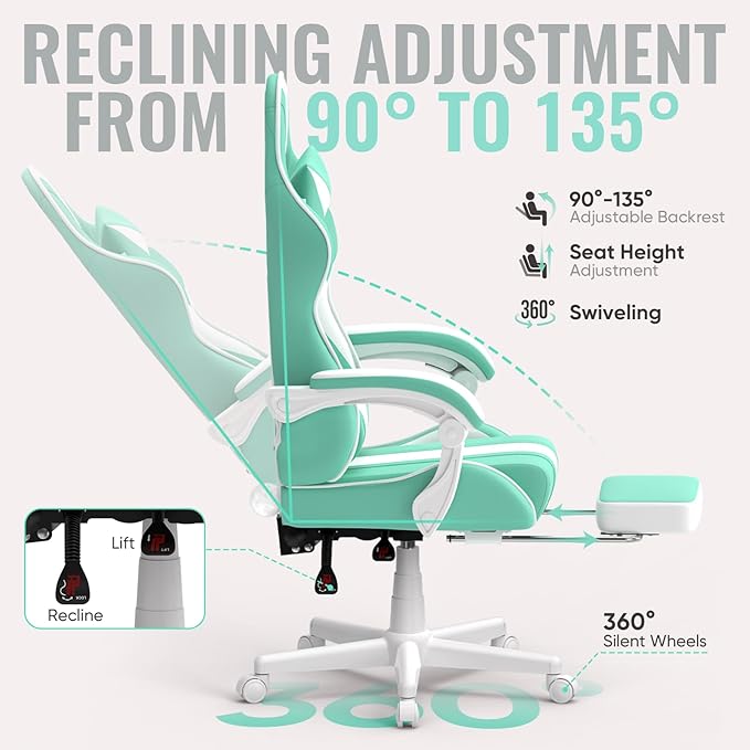 Ferghana Gaming Chairs Ergonomic Racing Style PC Game Computer Chair with Headrest Lumbar Support Adjustable Recliner PU Leather Video Computer Chair(Light Green)