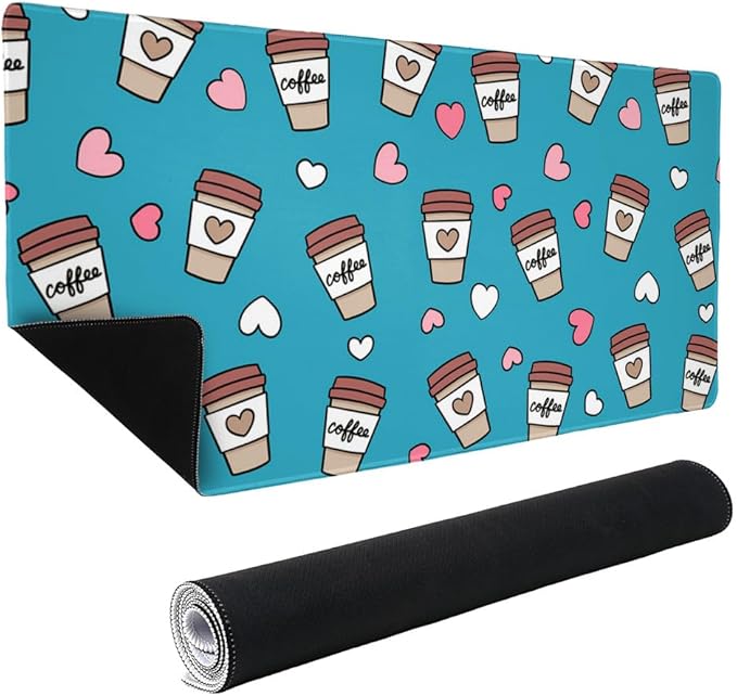 Coffee Lover Pattern Cute Travel Cups Large Gaming Mouse Pad Desk Mat with Stitched Edges Non-Slip Base