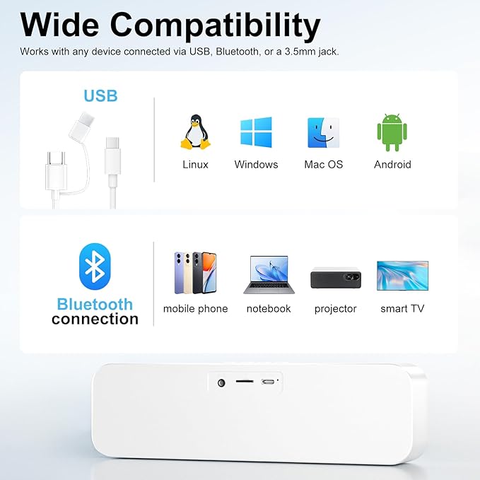 Computer Speaker for DesktopRechargeable PC SpeakerSmall Computer Soundbar with Stereo &amp Bass3.5mm Aux-inBluetoothTF PortLoud Volume for Web ConferencesTeacherMusic (White)
