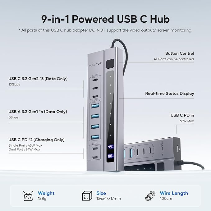 9 in 1 Powered USB C Hub USB 3.2 Data Hub with 65W PD Power Adapter 3 USB-C 10Gbps 4 USB-A 5Gbps 2 24/45W Type-C PD Charging Ports USB Hub