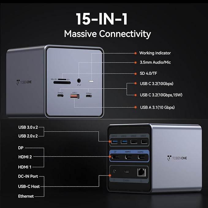 TobenONE USB C Docking Station Dual/Triple Monitors with 150W Power Adapter for Dell/HP/Lenovo/Surface/Asus/Chromebook 2 HDMI DP 5 USB Ethernet SD 4.0/Micro SD