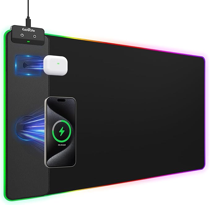 Wireless Charging Mouse Pad 15W RGB Gaming Mouse Pad with Wireless Charger for iPhone/Airpods 31.5x15.7 XXL Large Desk Mat 13 Light Modes Magnetic Charging Waterproof Desk Pad for Gamer Black