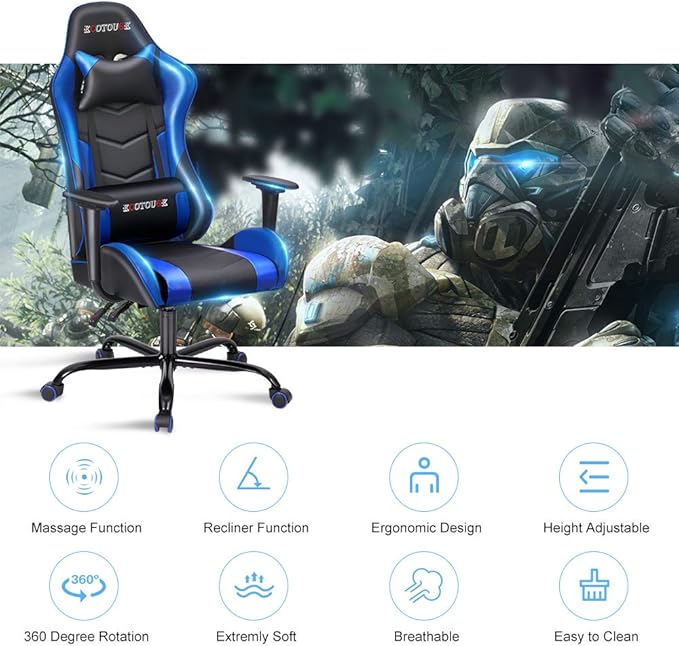 Massage Gaming Chair Video Racing Chair PC High Back Desk Computer Chair PU Leather Recliner w/Headrest and Lumbar Pillow Blue