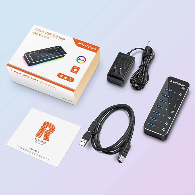 Powered USB Hub RSHTECH RGB 7 Ports USB 3.0/USB C Hub with 14 Mode RGB LED Strip Individual Touch Switches 3.3ft Cable and 5V/4A Power Adapter Aluminum Gaming USB Hub for PC and Laptop RSH-518R