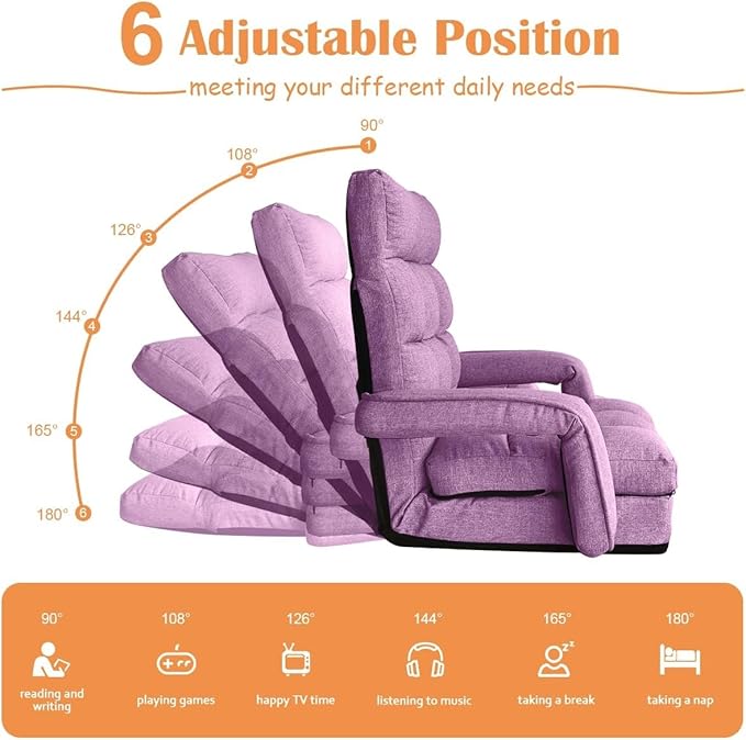 Floor Gaming Chair 6 Position Adjustable Indoor Chaise Lounge for Teens Adults Padded Folding Sofa with Armrests and Pillow Comfy Chair for Meditation Reading Purple