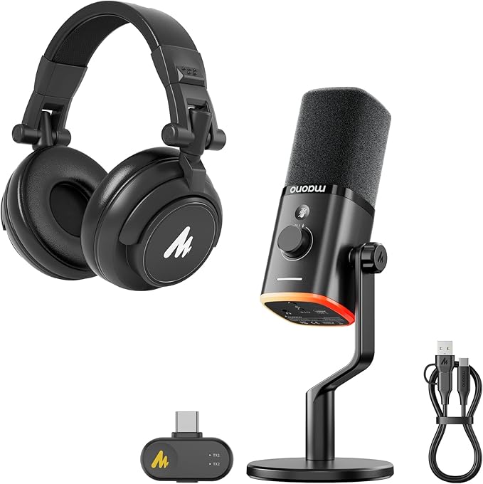 MAONO PD100W Wireless Microphone with MH601 Professional Studio Monitor Headphone