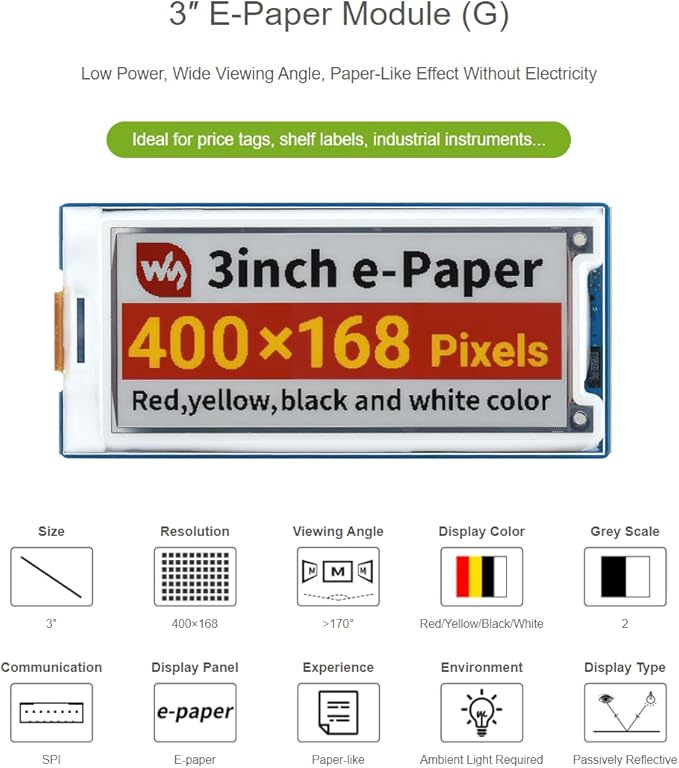waveshare 3inch E-Paper Module (G) 400 × 168 Resolution e-Ink Display Red/Yellow/Black/White epaper Screen for Raspberry Pi 4B/3B+/3B/2B/B+/A+/Zero/Zero W/WH/Zero 2WJetson Nano/ArduinoSPI Interface