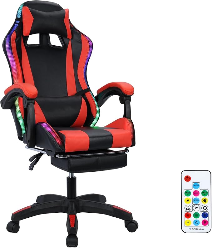 Gaming Chair with Built-in Speakers Ergonomic Office Chair Massage Lumbar Support LED Lights Retractable Footrest Adjustable High Back Gaming Chair for Adults 350lbs (Red)
