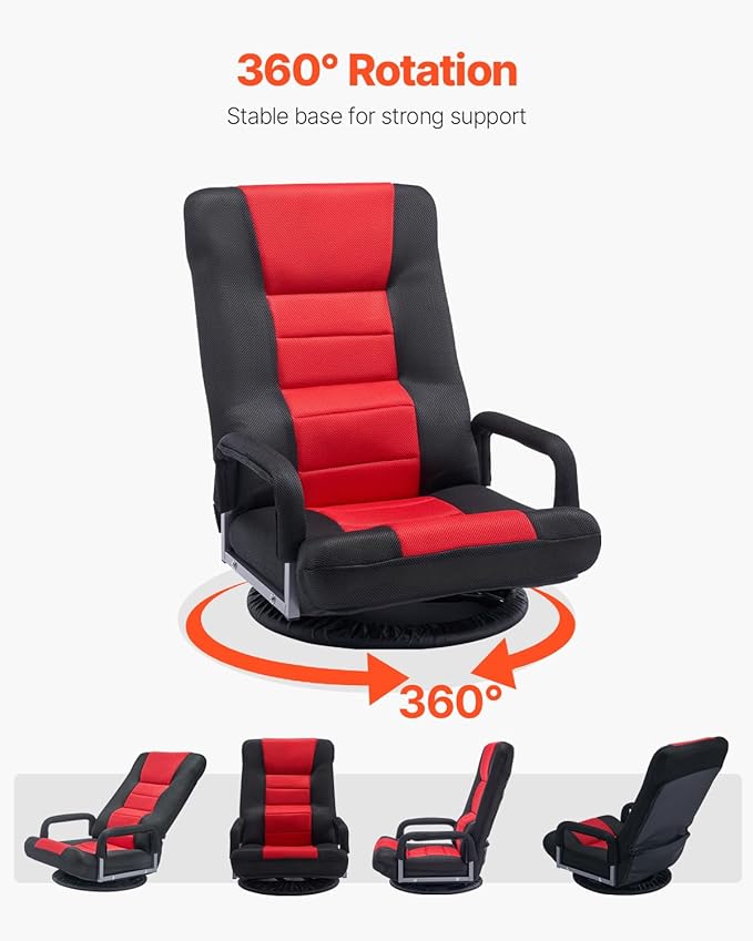 VEVOR Swivel Floor Gaming Chair with Armrests 360-Degree Rotating Floor Chair with 6 Adjustable Position Folding Backrest and Lumbar Support Folding Video Reclining Sofa for TV Reading Red Black