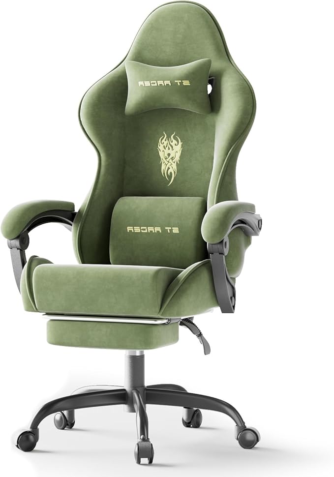 Ferghana Velvet Fabric Gaming Chair Ergonomic Gamer Chair for Adult Comfortable Video Game Chair with Footrest and Massage Lumbar Cushion Racing Reclining Office Home Computer Desk Chair Green