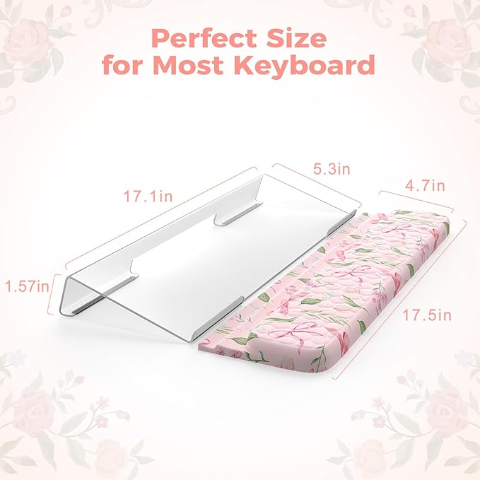2 in 1 Keyboard Stand for Desktop Floral Wrist Support for Keyboards Anti-Fatigue Memory Foam Wrist Rest for Computer 3-Angle Adjustable Keyboard Riser for Office Home (Pink Bow)