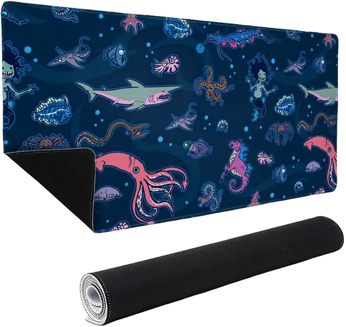 Creepy Deep Sea Creatures Pattern with Mermaid Squid and Shark Large Gaming Mouse Pad Desk Mat with Stitched Edges Non-Slip Base