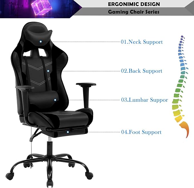 Massage Gaming Chair with Headrest and Footrest Ergonomic Gaming Desk Chair Lumbar Support Computer Game Chair Leather Video Gaming Chair Adjustable Gamer Chair for Adults Kids Black