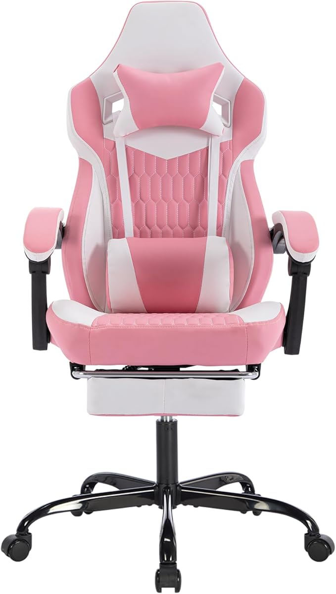 Gaming Chair with Massage and Footrest Ergonomic High Back PC Racing Chair 300LBS Capacity with Adjustable Lumbar Support &amp Headrest for Office and Desk (Model B Pink)