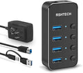 RSHTECH 4 Port Powered USB 3.0/USB C Hub Upgraded Version with 2-in-1 3.3ft USB Cable5V Power Adapter and Individual Switches Portable Aluminum USB Splitter for Laptop and PC RSH-ST04