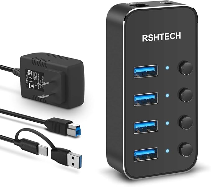 RSHTECH 4 Port Powered USB 3.0/USB C Hub Upgraded Version with 2-in-1 3.3ft USB Cable5V Power Adapter and Individual Switches Portable Aluminum USB Splitter for Laptop and PC RSH-ST04