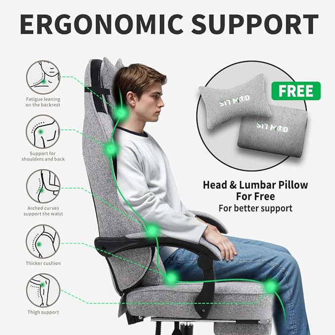 Gaming Chair Fabric with Pocket Spring CushionErgonomic Computer Office Chair Cloth with Footrest and HeadrestHigh Back Game Chair with Lumbar SupportAdjustable Backrest for AdultsGray