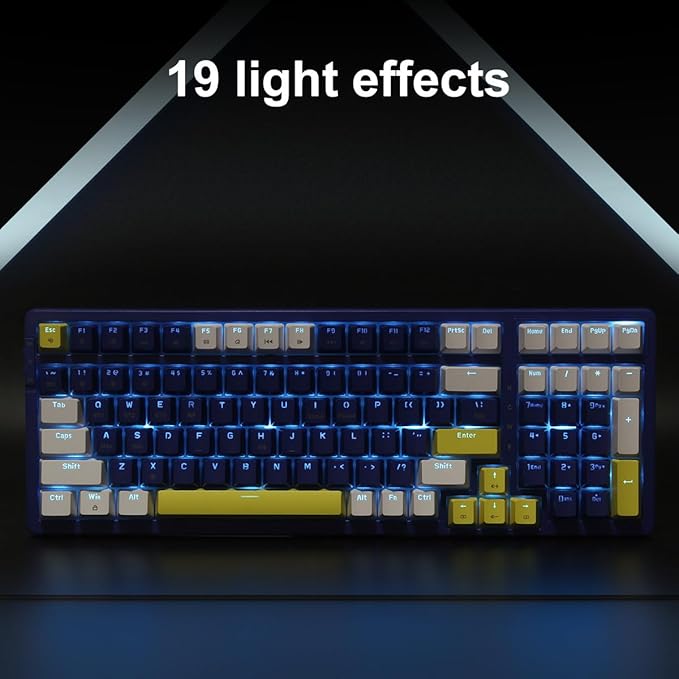 Wireless Mechanical Keyboard Triple Mode 2.4G/USB-C/BT Gaming Keyboards 100 Keys Ice-Blue Backlit Brown Switch Keyboard | Rechargeable Mechanical Gaming Keyboards | Blue/White/Yellow