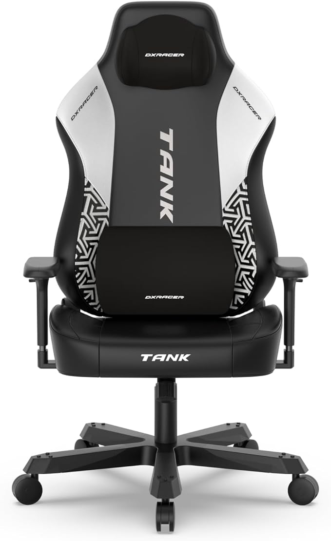 DXRacer Tank XXL Ergonomic Video Gaming Chair for Adults Office Reclining Computer Chair with Magnetic Head Pillow and Lumbar Support Racing Style Height Adjustable (EPU Leatherette Black White)