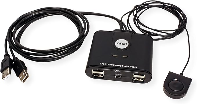 ATEN US224 2 x 4 USB 2.0 Peripheral Sharing USB Switch 2 Computers Share 4 Devices Simple Remote Port Selector Included Supports Optional USB Power Adapter - Windows Mac Linux