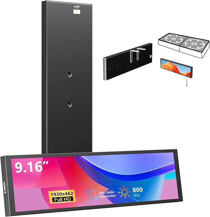 9.16 Computer Temp Monitor FHD 1920x462 PC Sensor Panel One-Cable Connection(No HDMI Needed) Stretched Bar LCD Dynamic Theme Supported IPS Mini Secondary Screen for CPU RAM HDD Data Aida64 (Black)