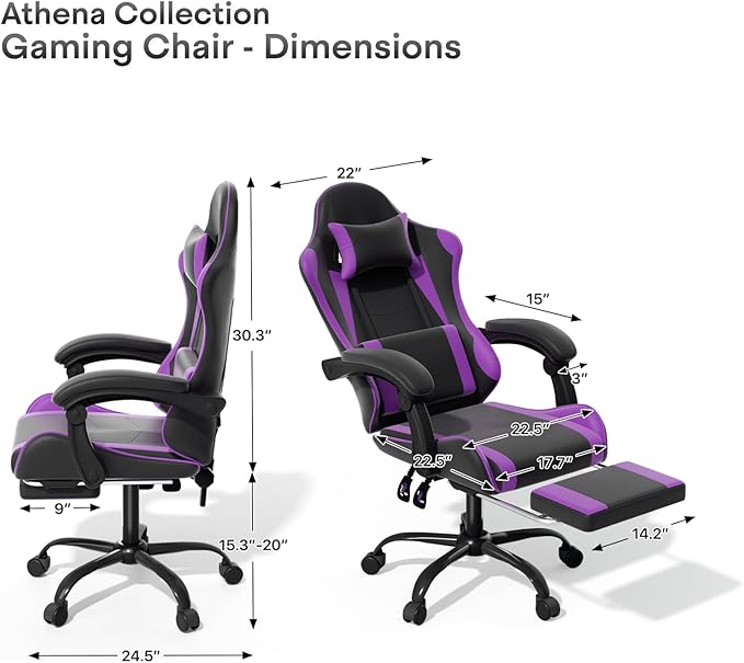 Athena Collection Gaming Chair Ergonomic Gaming Chair with Footrest &amp Headrest Lumbar Support Height Adjustable Swivel Computer Chair Office Chair for Kids Adults(Purple)