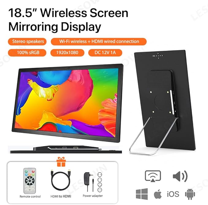 18.5 Inch Wireless Portable Gaming Monitor HDMI 1920x1080 100% sRGB Travel External Screen Support AirPlay Miracast Compatible with Laptop iOS Android Windows Mac TF Card