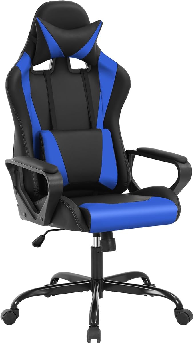 Ergonomic Gaming Chair Home Office Desk Chair with Headrest and Lumbar Support for Adults Height Adjustable Computer Chairs Pu Leather 360° Swivel High-Back Blue