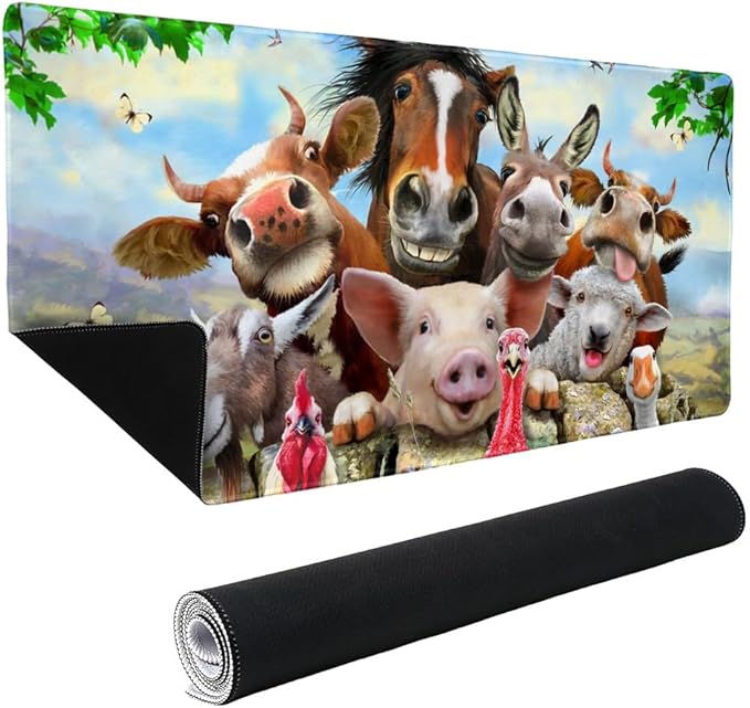 Farm Selfie Horse Pig Chicken Donkey Cow Sheep Large Gaming Mouse Pad Desk Mat with Stitched Edges Non-Slip Base