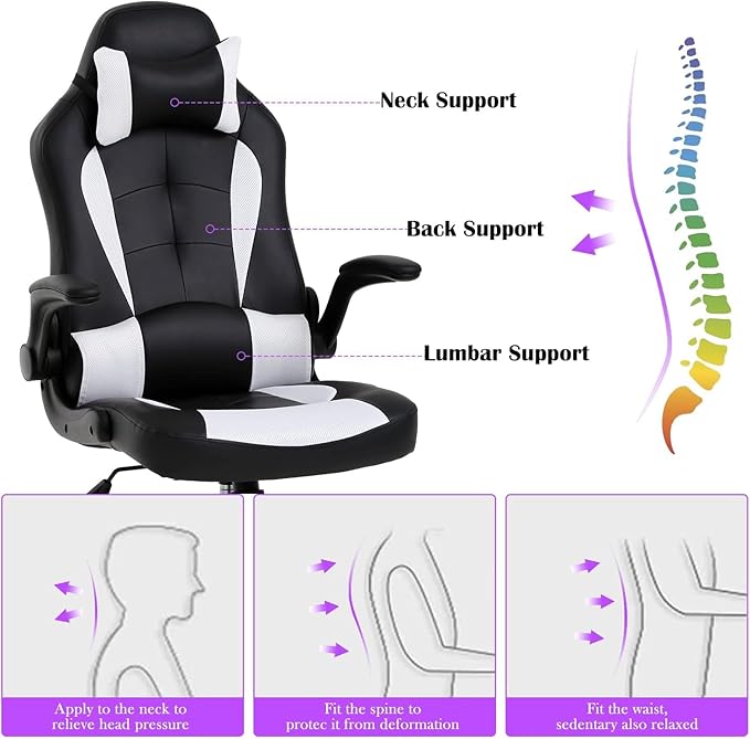 Gaming Chair High Back Computer Chair Egonomic Office Chair PU Leather Video Game Chairs Swivel Executive Chairwith Flip Up Arm Headrest Racing Chairs Rolling Chair for Adults White