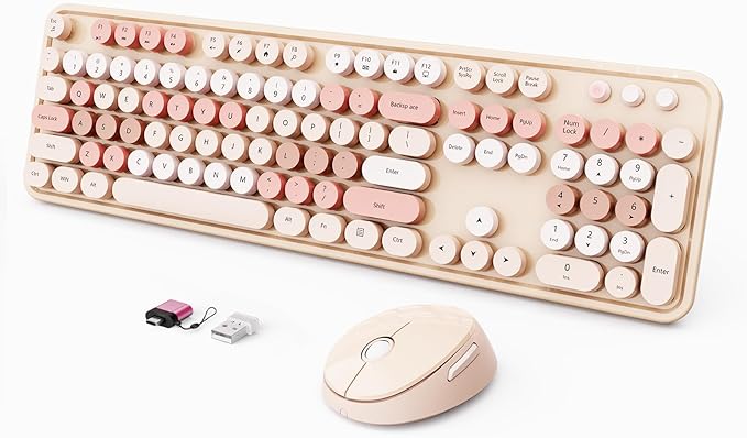 Wireless Keyboard and Mouse Combo Ergonomic Full Size Typewriter Retro Round Keycaps Keyboard Compatible with Windows PC Perfer for Home and Office Keyboards (Chocolate Color)