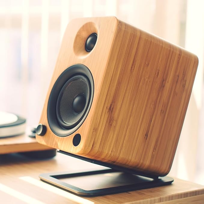 Kanto S4 Tilted Desktop Speaker Stands for Medium Bookshelf Speakers &amp Mid-Size 3”-4” Studio Monitors | Supports 8 lbs | Damping Foam Padding | ¼”-20 Mounting | Pair | Black