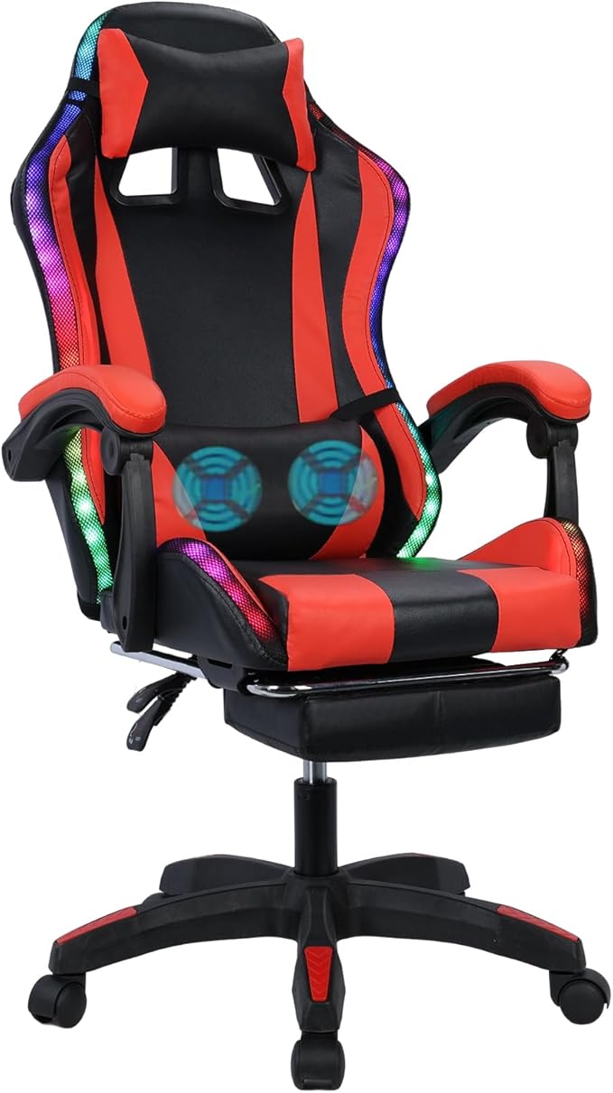 Gaming Chair with Bluetooth Speakers LED Light Adjustable Height Retractable Footrest &amp Massage Lumbar Support - Ergonomic Office Computer Chair for Adults Gamers Internet Cafe Home Red