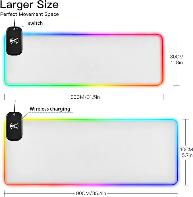 White Mouse Pad Gaming Mousepad Non Slip Desk Mat Wireless Charging RGB Computer Mouse Pads Keyboard Mats Pad for Desktop Home Office 31.5 x 11.8 in