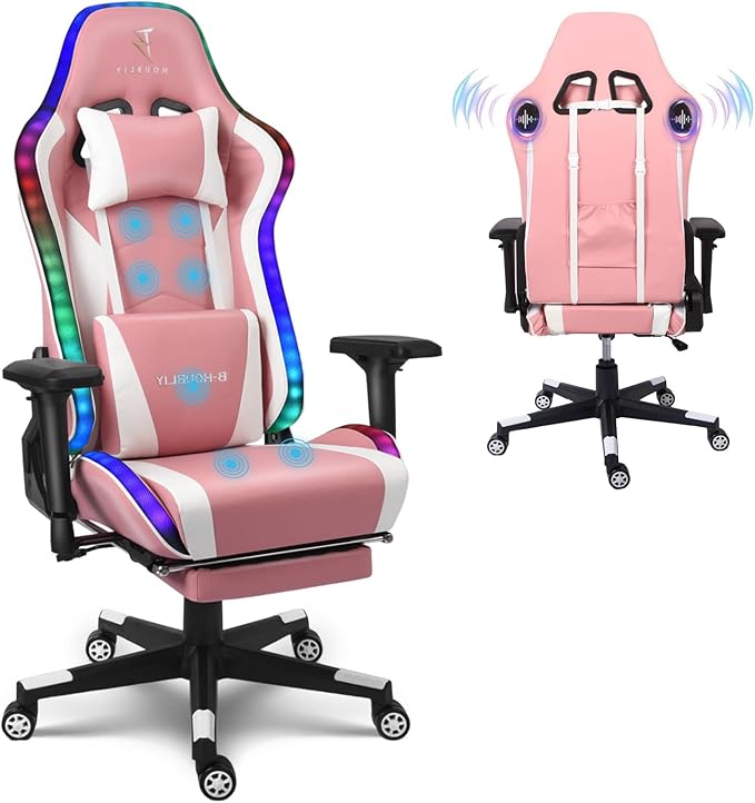 7-Point Massage Gaming Chair with Speakers and LED Lights Ergonomic Computer Gaming Chair with Footrest and Lumbar SupportHigh Back Office Video Racing Adult Gaming ChairPink
